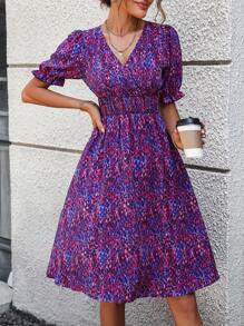 SHEIN Privé 滿版印花泡泡袖洋裝 - 紫色 - 查看 6