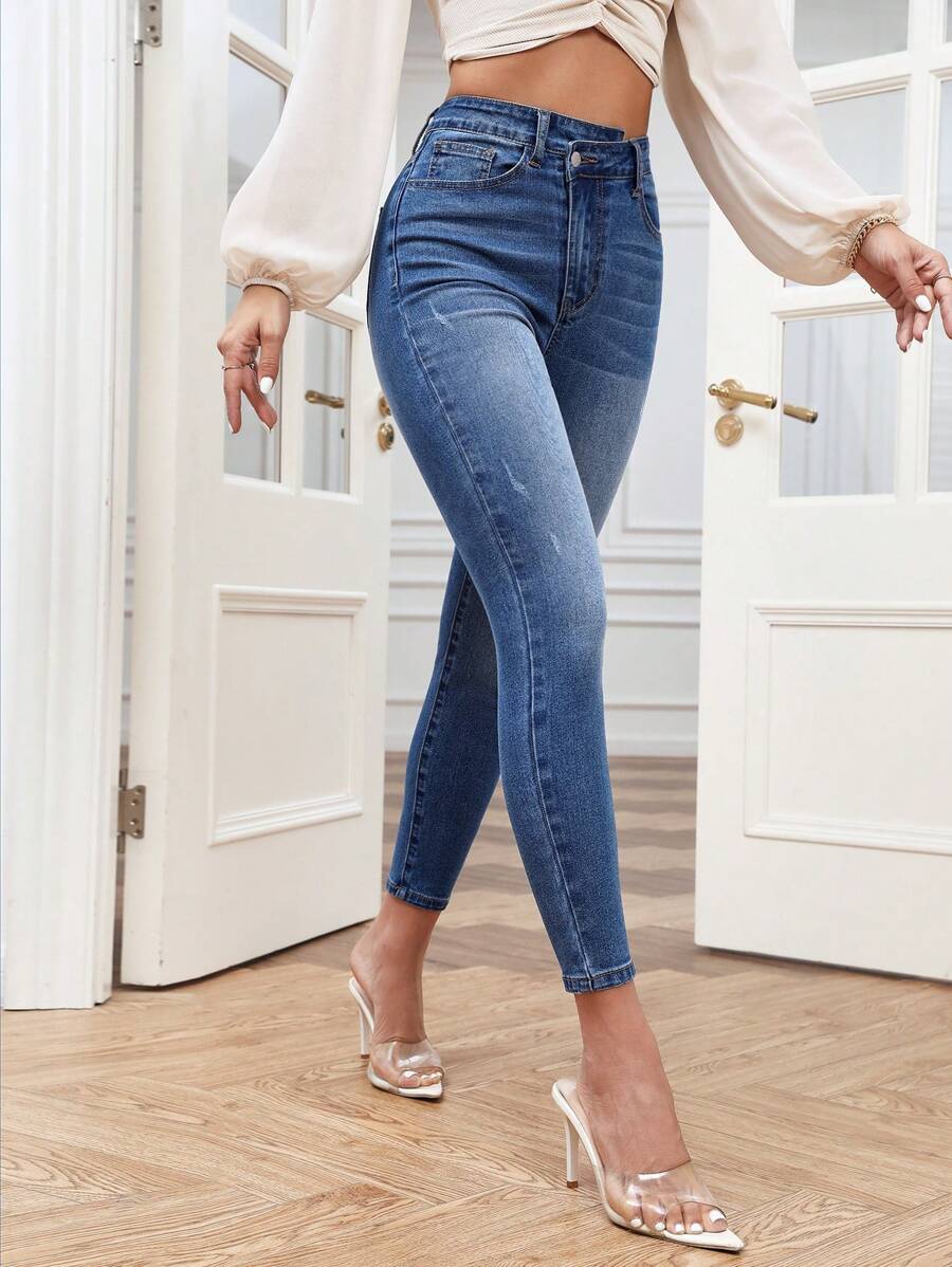 SHEIN Frenchy High Waist Skinny Jeans - Dark Wash - View 1