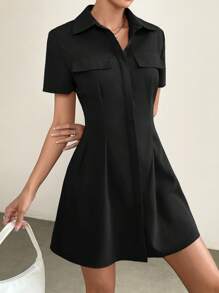 SHEIN EZwear Vestido camisero con bolsillo con solapa con diseño de fruncido