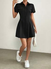 SHEIN EZwear Vestido camisero con bolsillo con solapa con diseño de fruncido