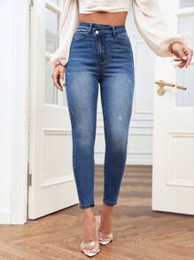 SHEIN Frenchy High Waist Skinny Jeans - Dark Wash - View 6