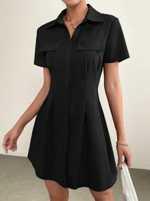 SHEIN EZwear Vestido camisero con bolsillo con solapa con diseño de fruncido
