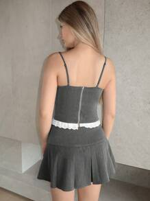 SHEIN MOD Bow Front Cami Top & Lace Up Pleated Skirt - Grey - View 2