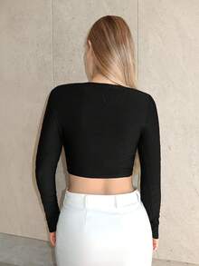 SHEIN Privé Solid Asymmetrical Neck Crop Tee - Black - View 2