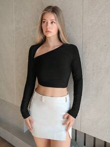 SHEIN Privé Solid Asymmetrical Neck Crop Tee - Black - View 5