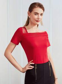 MOTF PREMIUM ASYMMETRICAL NECK MESH T-SHIRT - Red - View 6