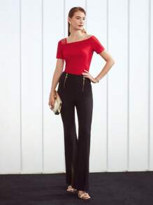 MOTF PREMIUM ASYMMETRICAL NECK MESH T-SHIRT - Red - View 4