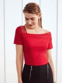 MOTF PREMIUM ASYMMETRICAL NECK MESH T-SHIRT - Red - View 8