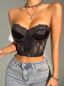Contrast Lace Underwire Bra Lingerie - Black - View 4