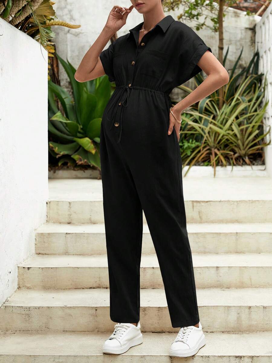 SHEIN Maternity Batwing Sleeve Drawstring Waist Shirt Jumpsuit - Black - View 1