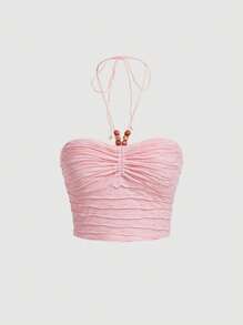 SHEIN MOD Kết cườm Chi tiết Xù Áo hai dây - Màu Hồng baby - Xem 1