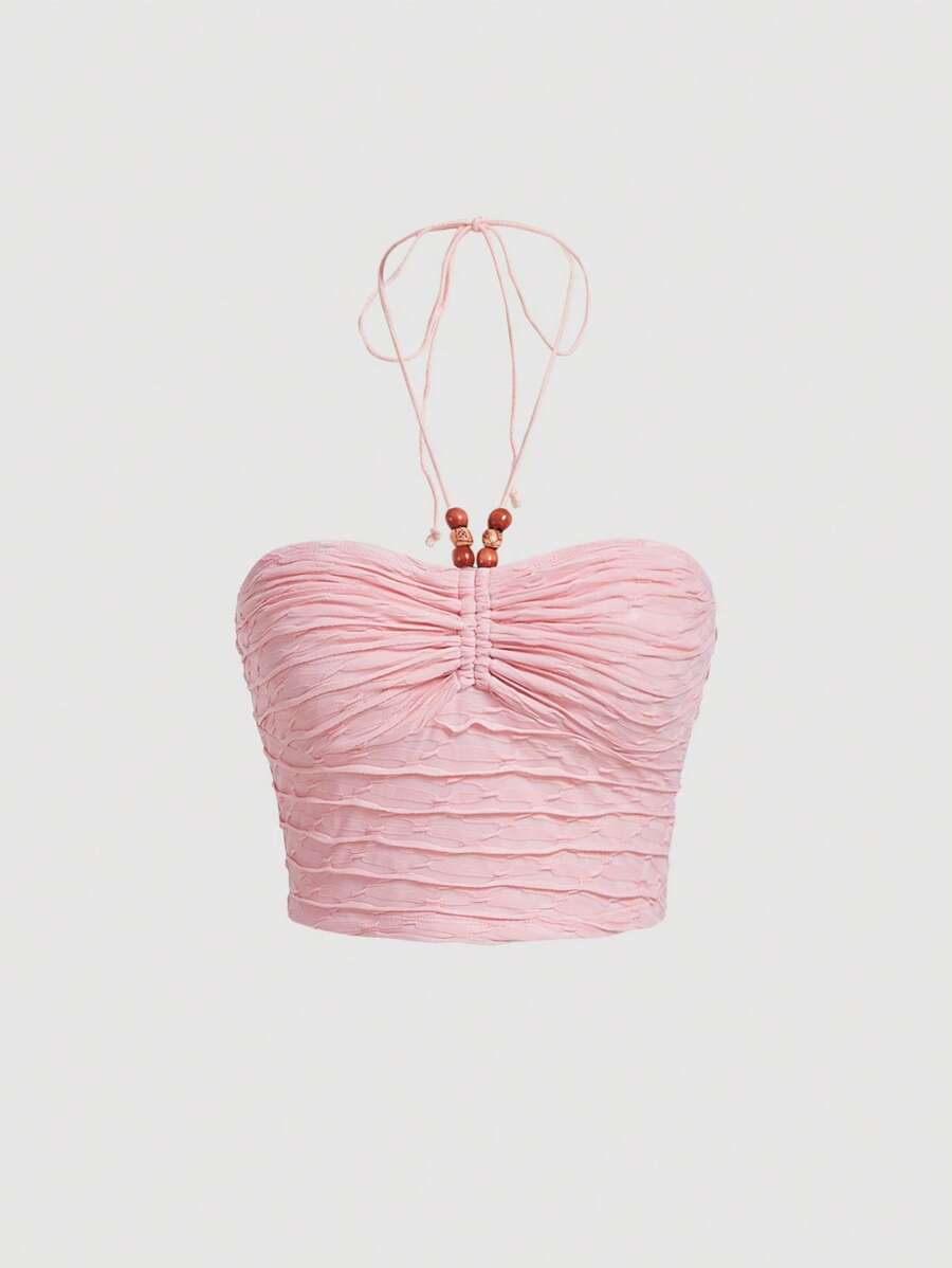 SHEIN MOD Kết cườm Chi tiết Xù Áo hai dây - Màu Hồng baby - Xem 1