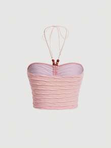 SHEIN MOD Kết cườm Chi tiết Xù Áo hai dây - Màu Hồng baby - Xem 2