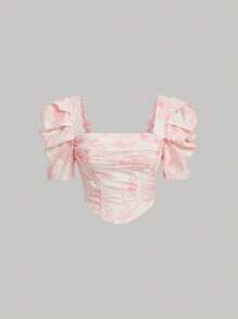 SHEIN MOD Floral Print Puff Sleeve Ruched Bandana Hem Crop Blouse - Pink - View 1