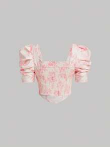 SHEIN MOD Floral Print Puff Sleeve Ruched Bandana Hem Crop Blouse - Pink - View 2
