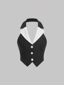 SHEIN MOD Contrast Collar Button Front Halter Neck Backless Crop Blazer - Black - View 1
