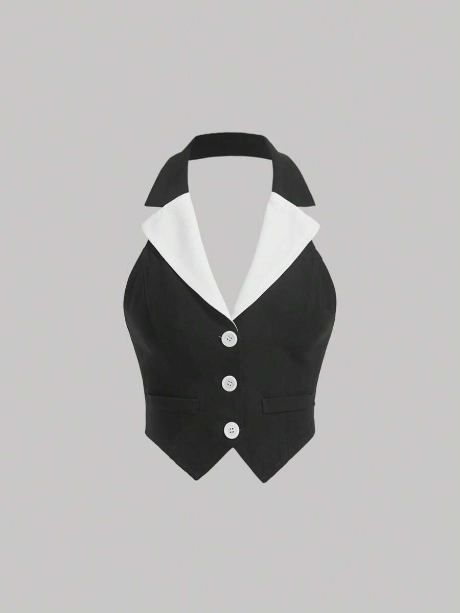SHEIN MOD Contrast Collar Button Front Halter Neck Backless Crop Blazer - Black - View 1