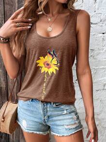 SHEIN LUNE Floral & Butterfly Print Tank Top - Khaki - View 1