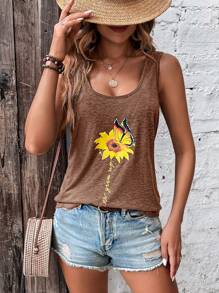 SHEIN LUNE Floral & Butterfly Print Tank Top - Khaki - View 3