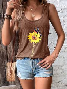 SHEIN LUNE Floral & Butterfly Print Tank Top - Khaki - View 4