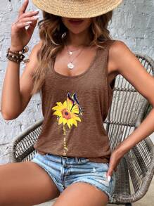 SHEIN LUNE Floral & Butterfly Print Tank Top - Khaki - View 6