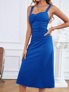 SHEIN Privé 素色褶邊吊帶洋裝 - 藍色 - 查看 3