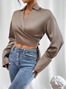 SHEIN Privé 素色落肩袖短款襯衫 - 咖啡棕 - 查看 3