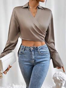 SHEIN Privé 素色落肩袖短款襯衫 - 咖啡棕 - 查看 5