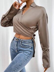 SHEIN Privé 素色落肩袖短款襯衫 - 咖啡棕 - 查看 6