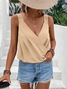 SHEIN LUNE 素色交疊領上衣 - 杏色 - 查看 3