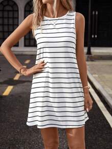 SHEIN LUNE 條紋印花背心連衣裙 - 白色 - 查看 5