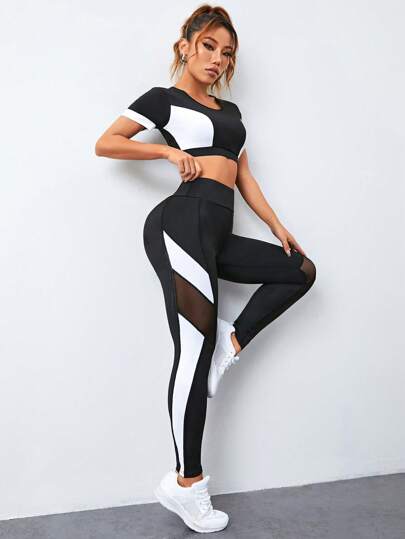 撞色網紗拼接拼接頂針運動套裝