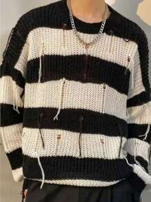 Manfinity Hypemode 男士條紋圖案落肩袖套頭毛衣 - 黑與白 - 查看 1