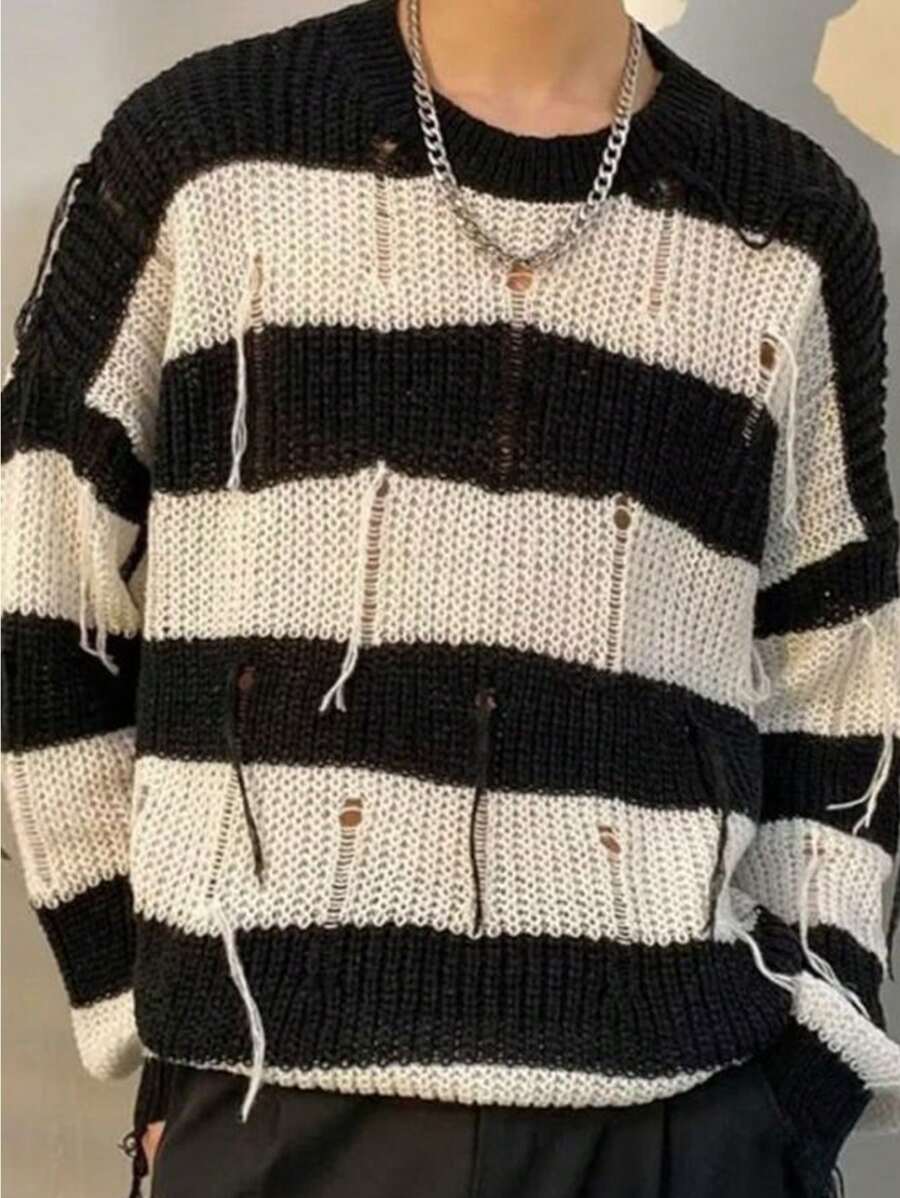 Manfinity Hypemode 男士條紋圖案落肩袖套頭毛衣 - 黑與白 - 查看 1