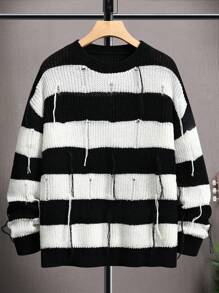 Manfinity Hypemode 男士條紋圖案落肩袖套頭毛衣 - 黑與白 - 查看 3