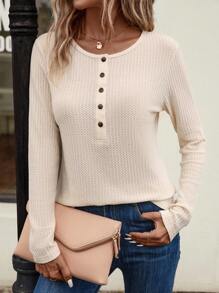 SHEIN LUNE Half Button Waffle Knit Tee - Apricot - View 1