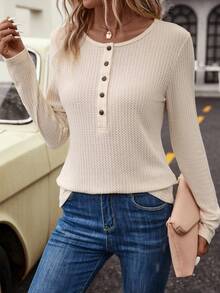 SHEIN LUNE Half Button Waffle Knit Tee - Apricot - View 7