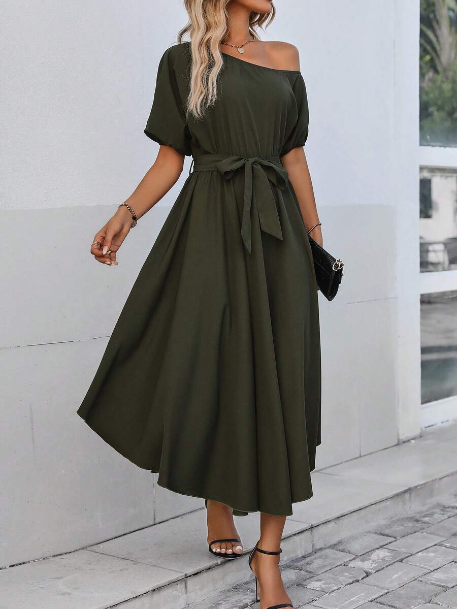 SHEIN LUNE Solid Asymmetrical Neck Belted Dress - Army Green - View 1