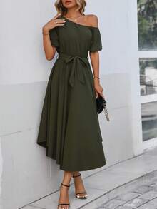 SHEIN LUNE Solid Asymmetrical Neck Belted Dress - Army Green - View 6