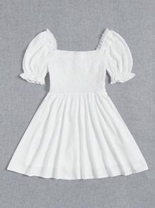 SHEIN VCAY Nếp gấp Phần Ngực Lá sen tỉa Ống tay áo Đầm - trắng - Xem 2