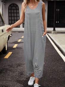 SHEIN LUNE 條紋印花斜口袋無袖連體褲 - 黑與白 - 查看 6