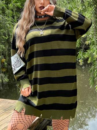 Plus Striped Pattern Drop Shoulder Sweater Dress