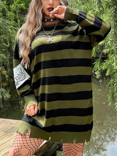 Plus Striped Pattern Drop Shoulder Sweater Dress