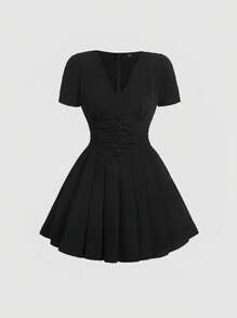 SHEIN MOD 素色褶邊百褶下擺連衣裙 - 黑色 - 查看 1