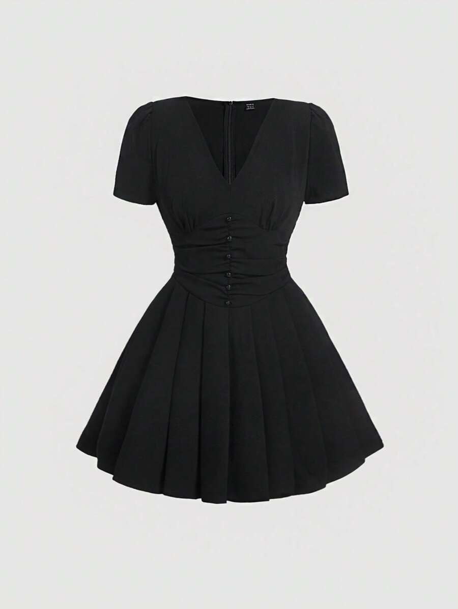 SHEIN MOD 素色褶邊百褶下擺連衣裙 - 黑色 - 查看 1