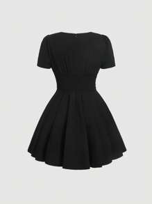 SHEIN MOD 素色褶邊百褶下擺連衣裙 - 黑色 - 查看 2