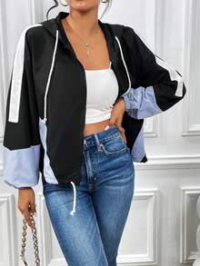 SHEIN Essnce Khối màu Viền kéo ra Thả vai áo có mũ Áo khoác - Nhiều màu - Xem 5