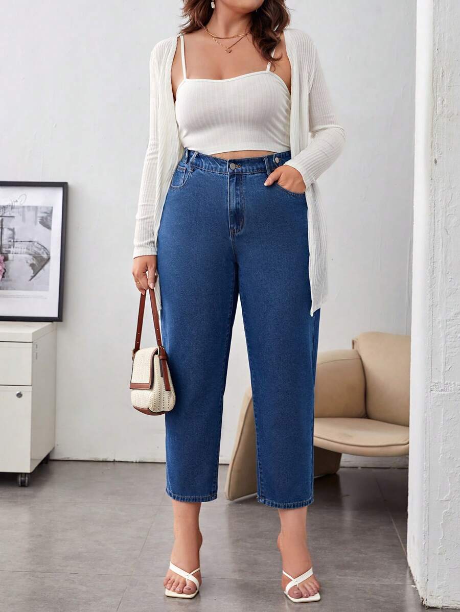 SHEIN Essnce Plus Slant Pocket Mom Fit Jeans - Medium Wash - View 1