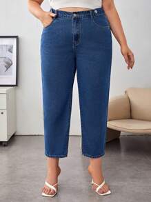 SHEIN Essnce Plus Slant Pocket Mom Fit Jeans - Medium Wash - View 5