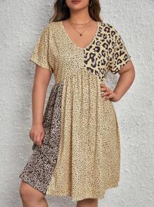 SHEIN Unity Plus Leopard Print Colorblock Dress - Apricot - View 1